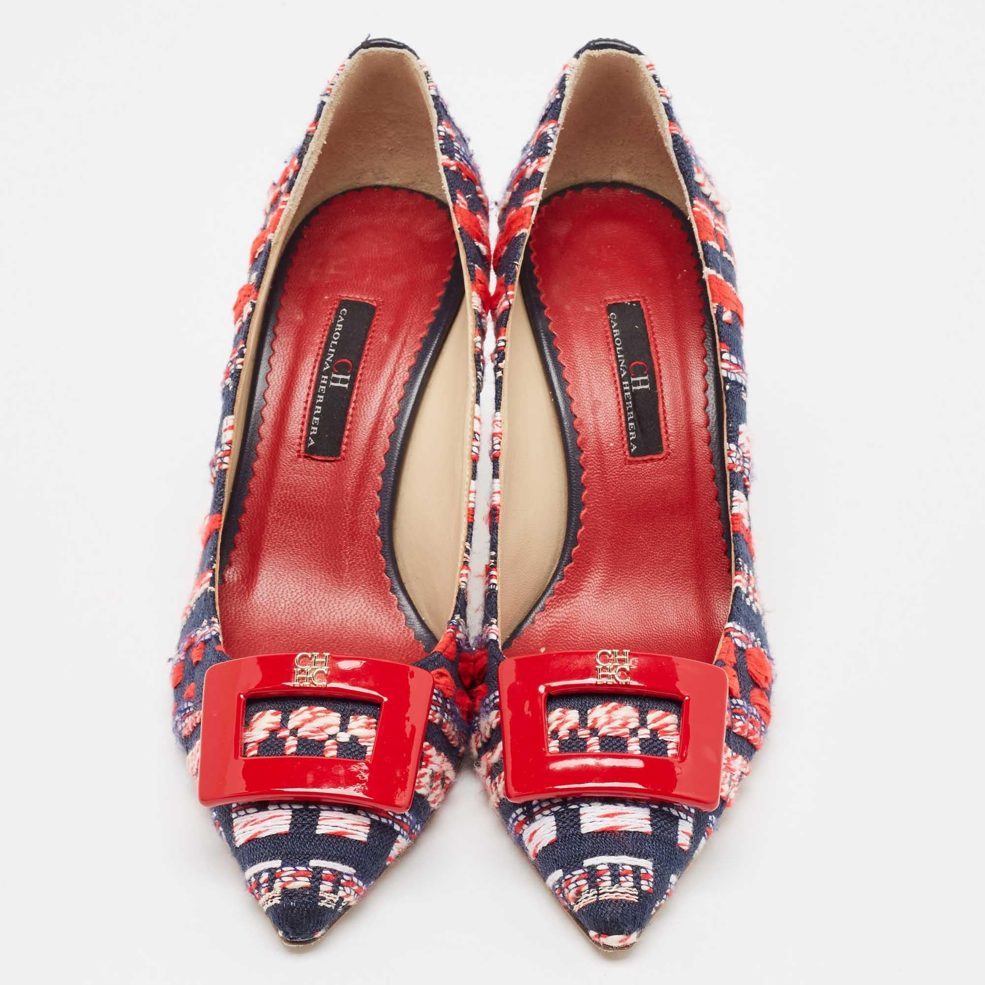Brown CH Carolina Herrera Multicolor Tweed Fabric Pointed Toe Pumps Size 37