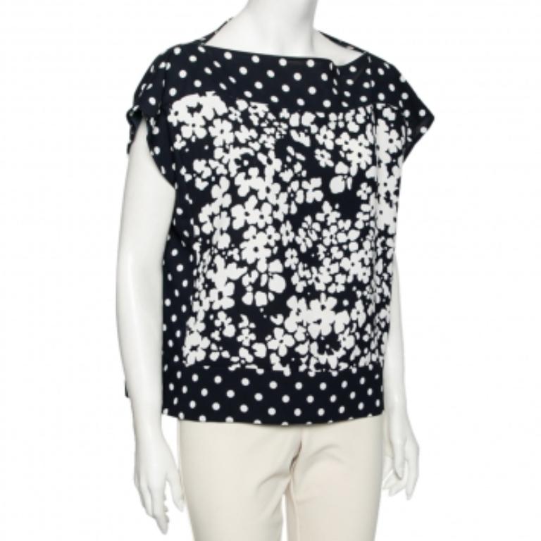 CH Carolina Herrera Top carré à imprimé floral marine et blanc M en vente 2