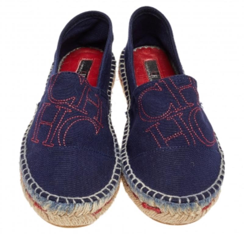 Black CH Carolina Herrera Navy Blue Canvas Espadrille Flats Size 37