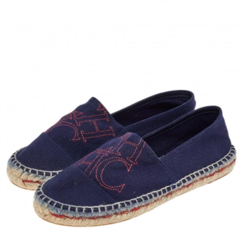 Women's CH Carolina Herrera Navy Blue Canvas Espadrille Flats Size 37