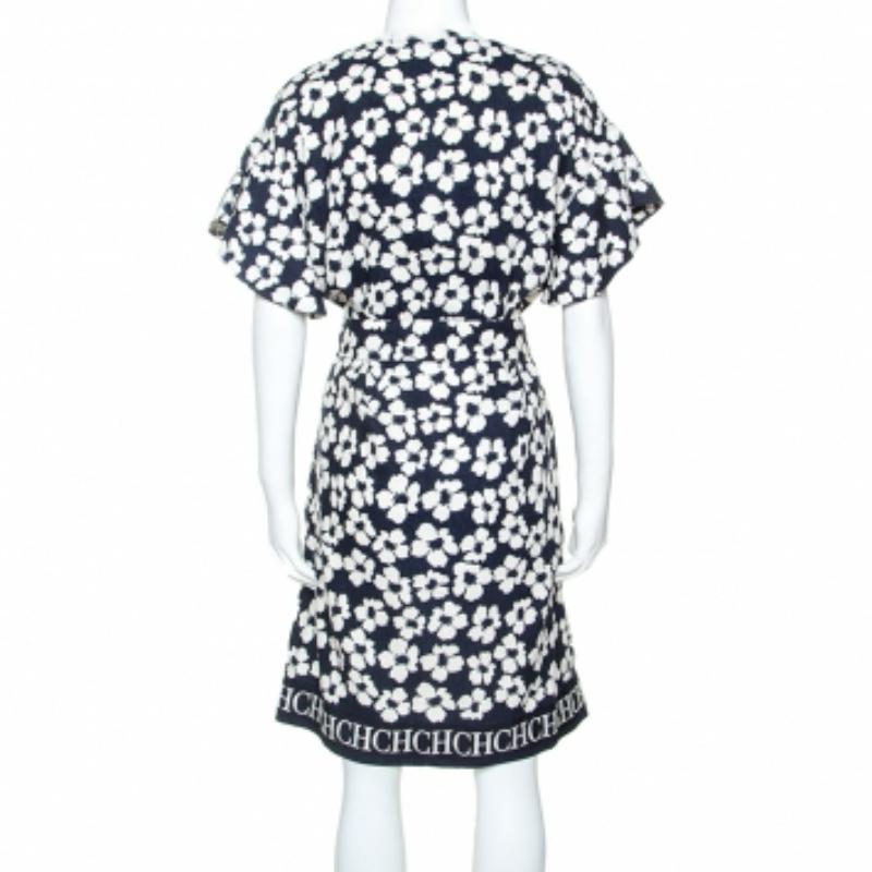 CH Carolina Herrera Marineblaues Kleid aus Seiden- und Leinenmischung mit Blumendruck M (Grau) im Angebot