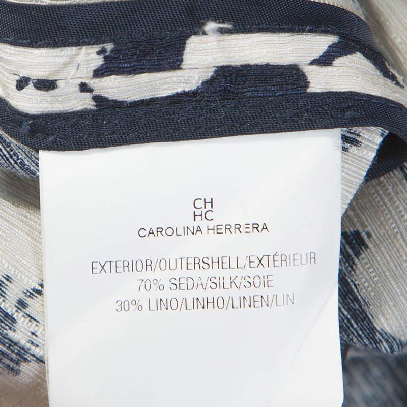 Women's CH Carolina Herrera Navy Blue Floral Print Silk and Linen Blend Dress M For Sale