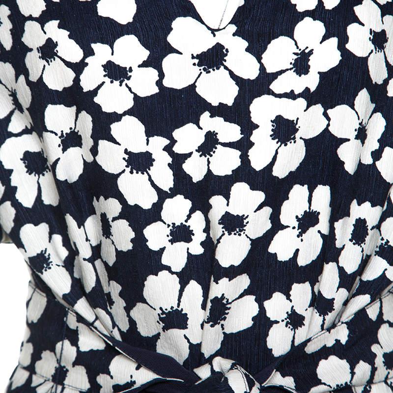 CH Carolina Herrera Navy Blue Floral Print Silk and Linen Blend Dress M For Sale 1