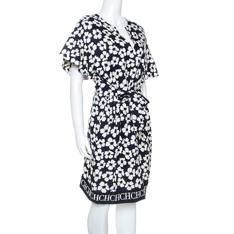 CH Carolina Herrera Navy Blue Floral Print Silk and Linen Blend Dress M For Sale 2