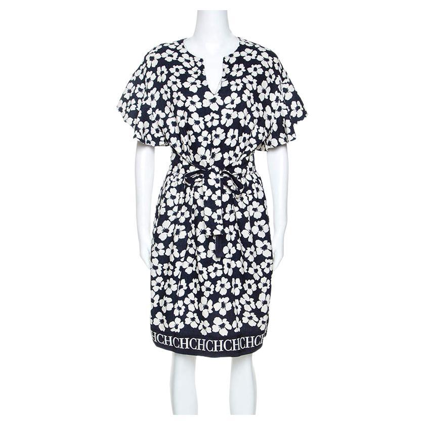 CH Carolina Herrera Navy Blue Floral Print Silk and Linen Blend Dress M For Sale