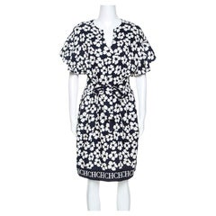 Used CH Carolina Herrera Navy Blue Floral Print Silk and Linen Blend Dress M