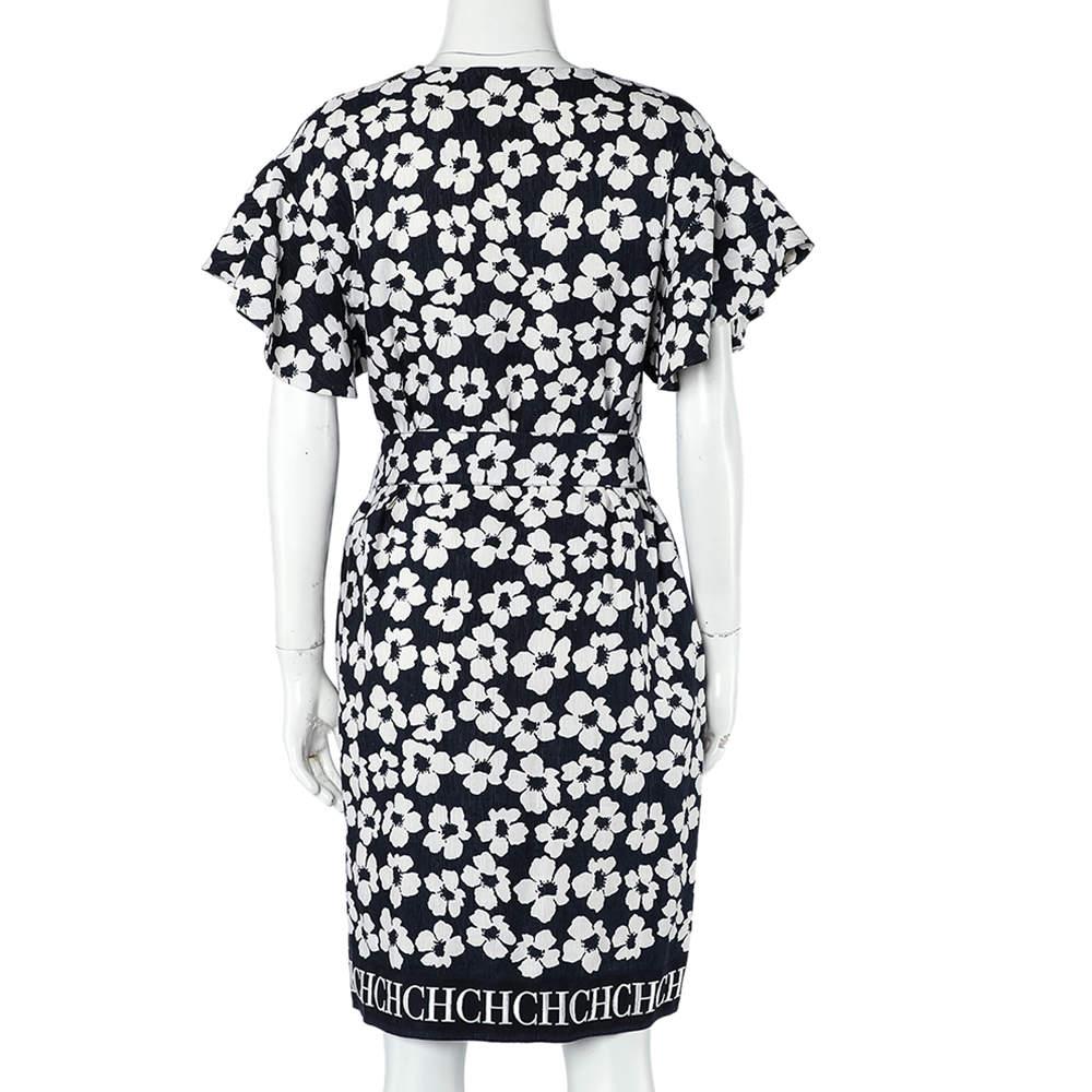 Gray CH Carolina Herrera Navy Blue Floral Print Silk & Linen Belted Dress S