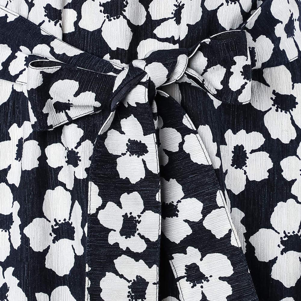 CH Carolina Herrera Navy Blue Floral Print Silk & Linen Belted Dress S In Fair Condition In Dubai, Al Qouz 2