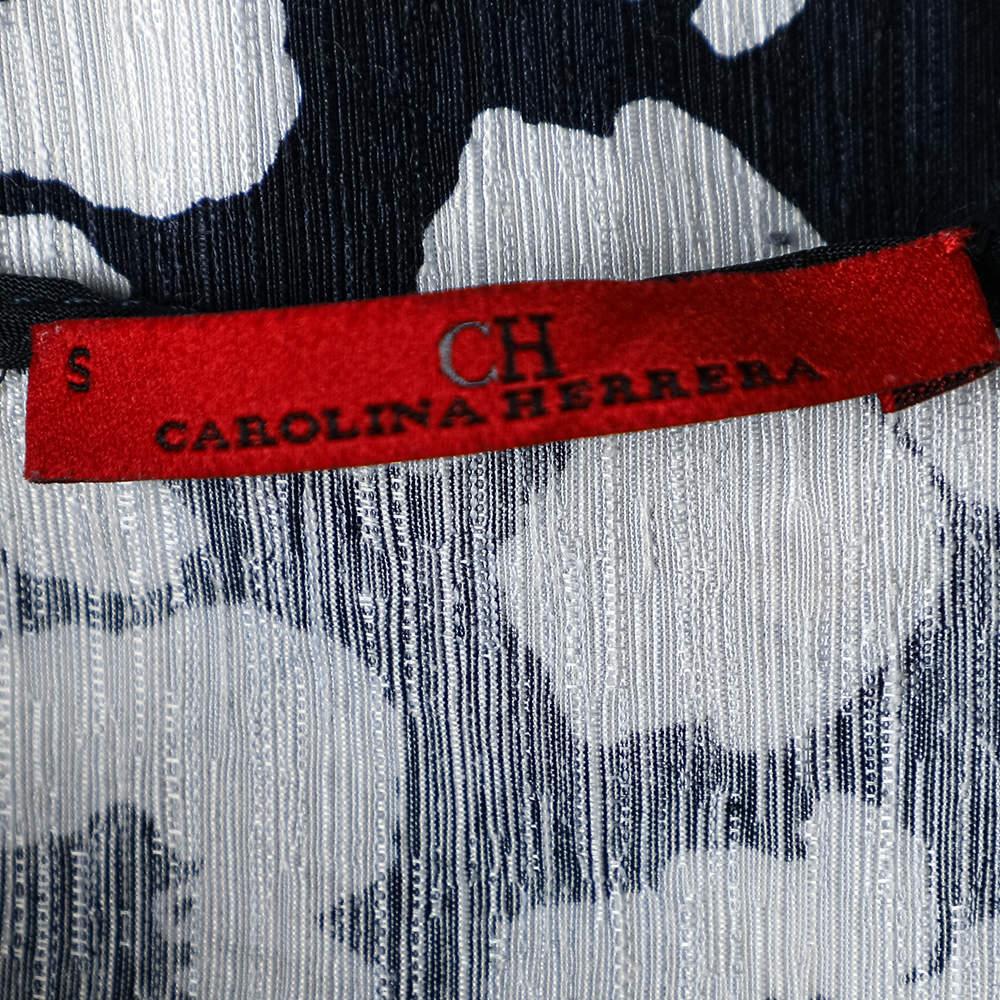 Women's CH Carolina Herrera Navy Blue Floral Print Silk & Linen Belted Dress S