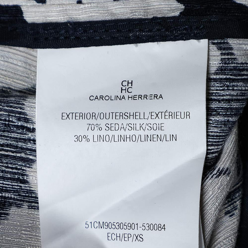 CH Carolina Herrera Navy Blue Floral Print Silk & Linen Belted Dress S 1