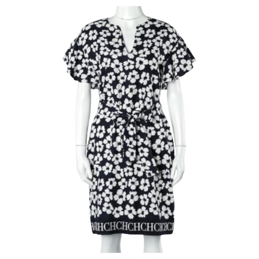 CH Carolina Herrera Navy Blue Floral Print Silk 
Linen Belted Dress S