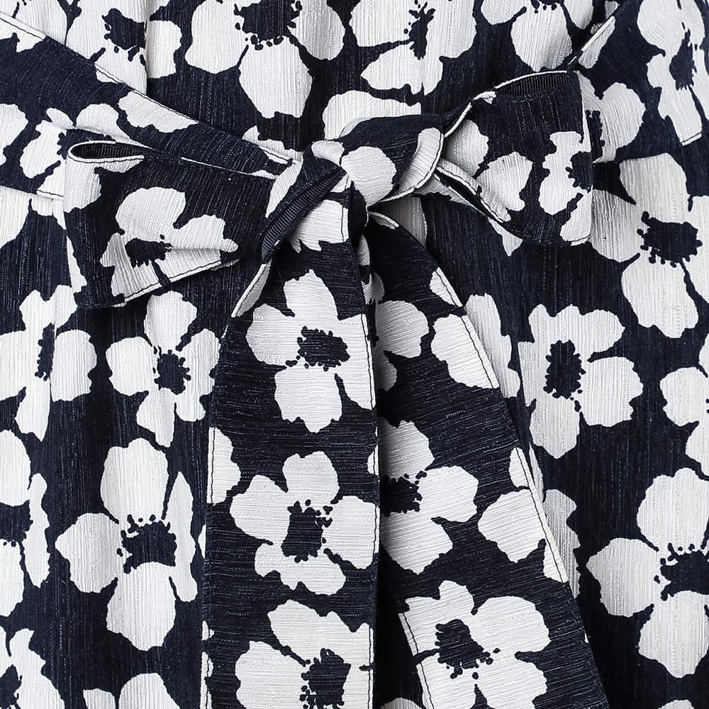 Women's CH Carolina Herrera Navy Blue Floral Print Silk & Linen Belted Dress XS For Sale
