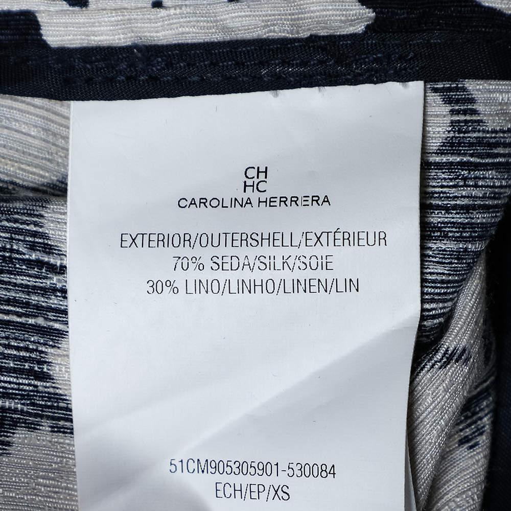 CH Carolina Herrera Navy Blue Floral Print Silk & Linen Belted Dress XS For Sale 1