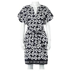 Carolina Herrera Marineblaues Kleid mit Blumendruck aus Seide und Leinen mit Gürtel XS
