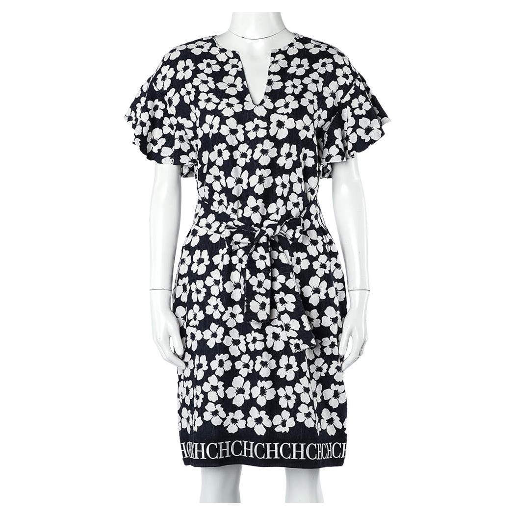 CH Carolina Herrera Navy Blue Floral Print Silk & Linen Belted Dress XS For Sale