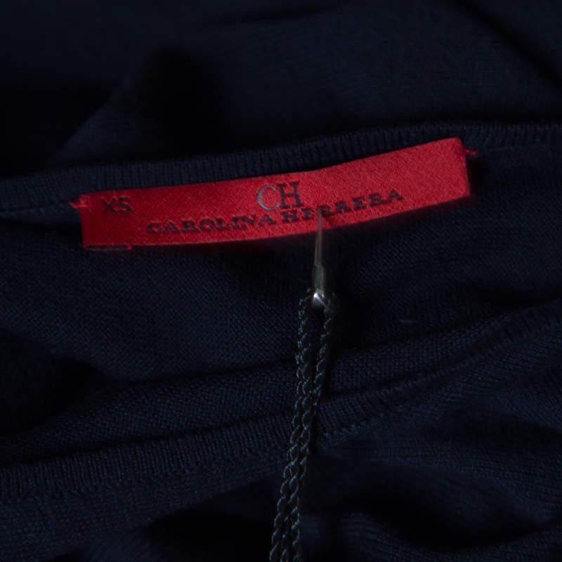 Women's CH Carolina Herrera Navy Blue Knit Gold Button Detail Dolman Sleeve Top XS