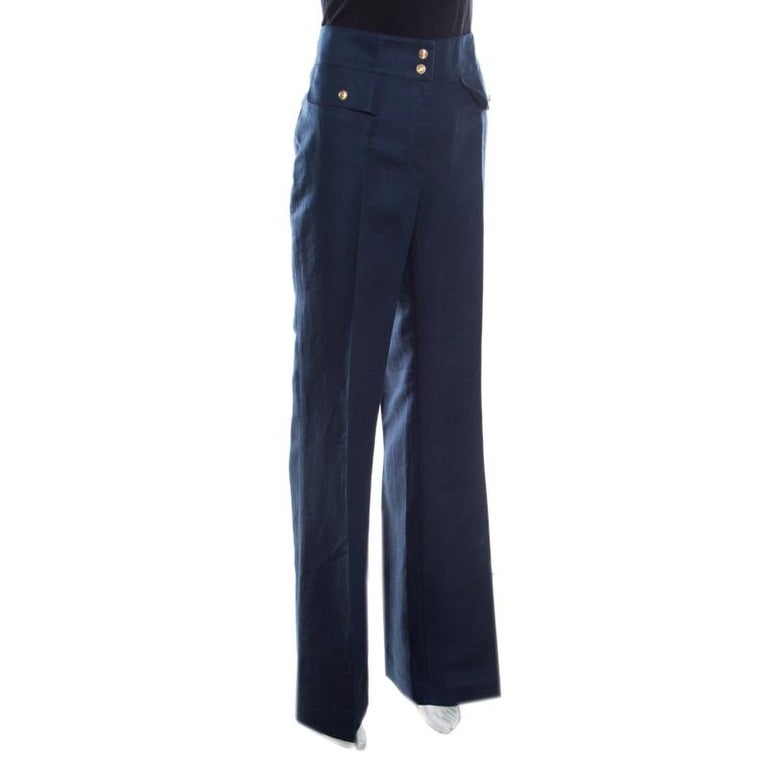 CH Carolina Herrera Navy Blue Linen and Cotton Flared High Waist Trousers M  For Sale at 1stDibs