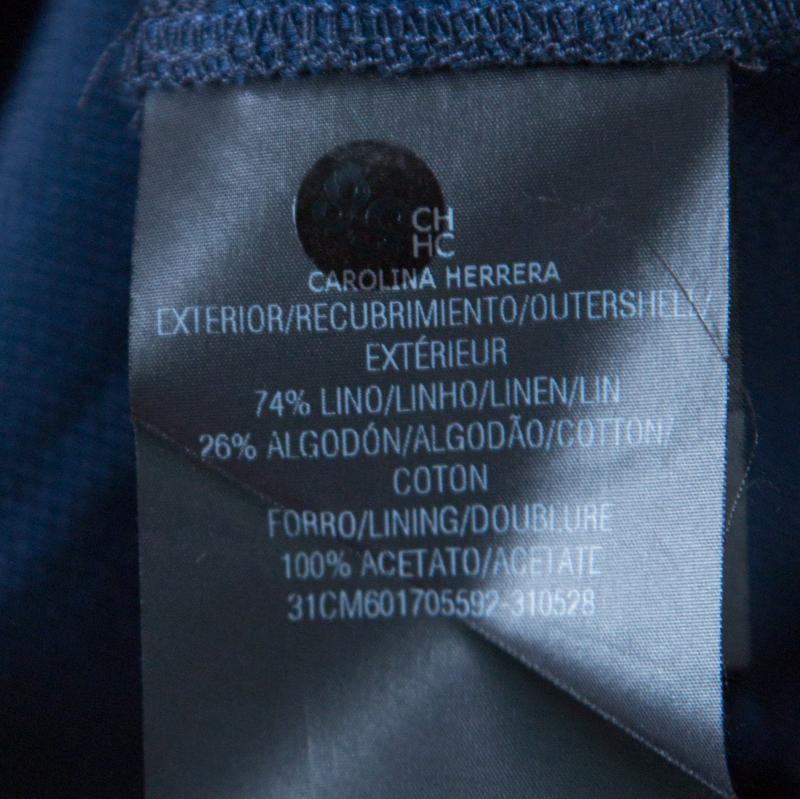 CH Carolina Herrera Navy Blue Linen and Cotton Flared High Waist Trousers M In Good Condition In Dubai, Al Qouz 2