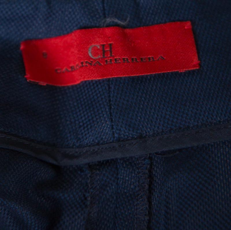 Women's CH Carolina Herrera Navy Blue Linen and Cotton Flared High Waist Trousers M