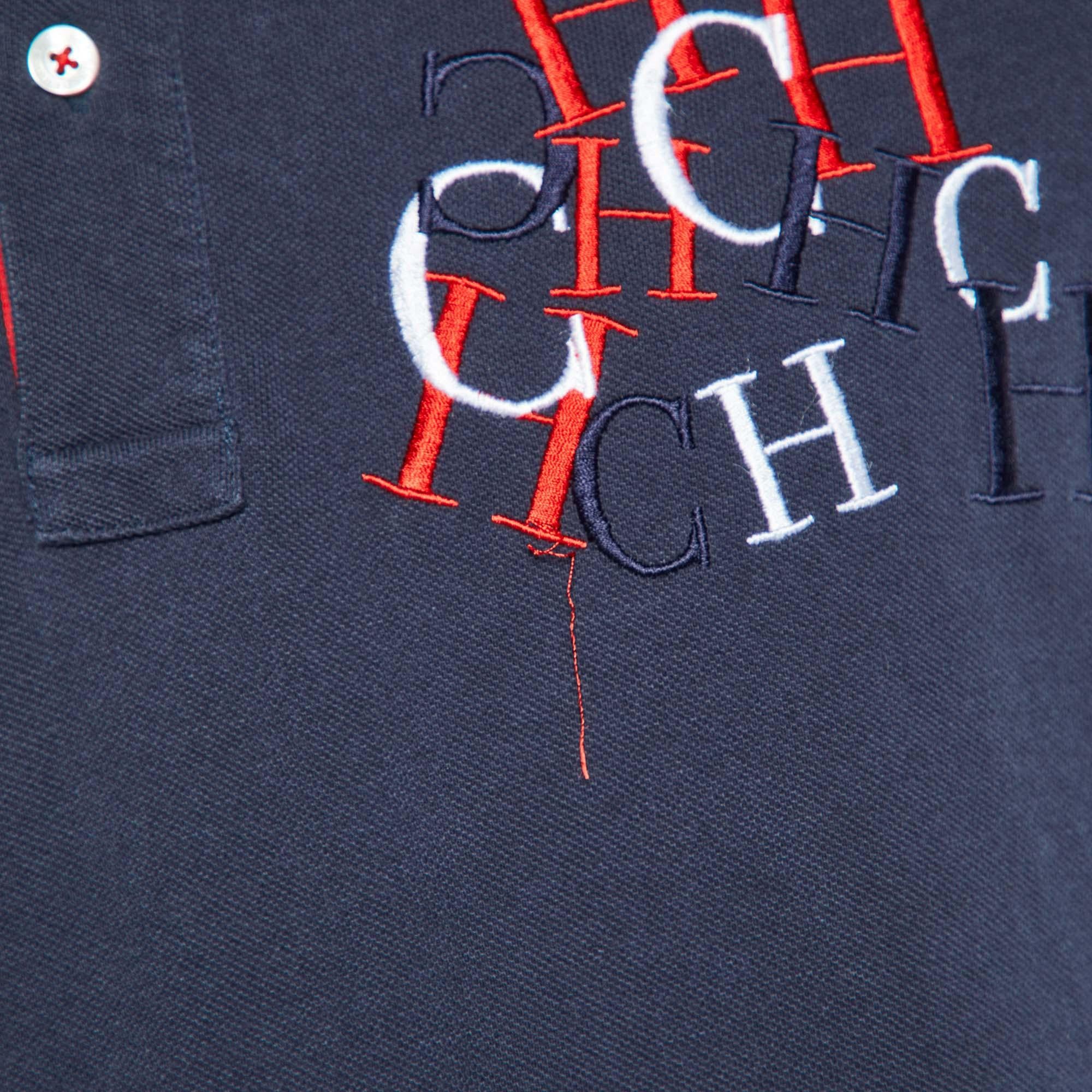 Nero CH Carolina Herrera Maglietta Polo in cotone ricamata con logo blu marino L in vendita
