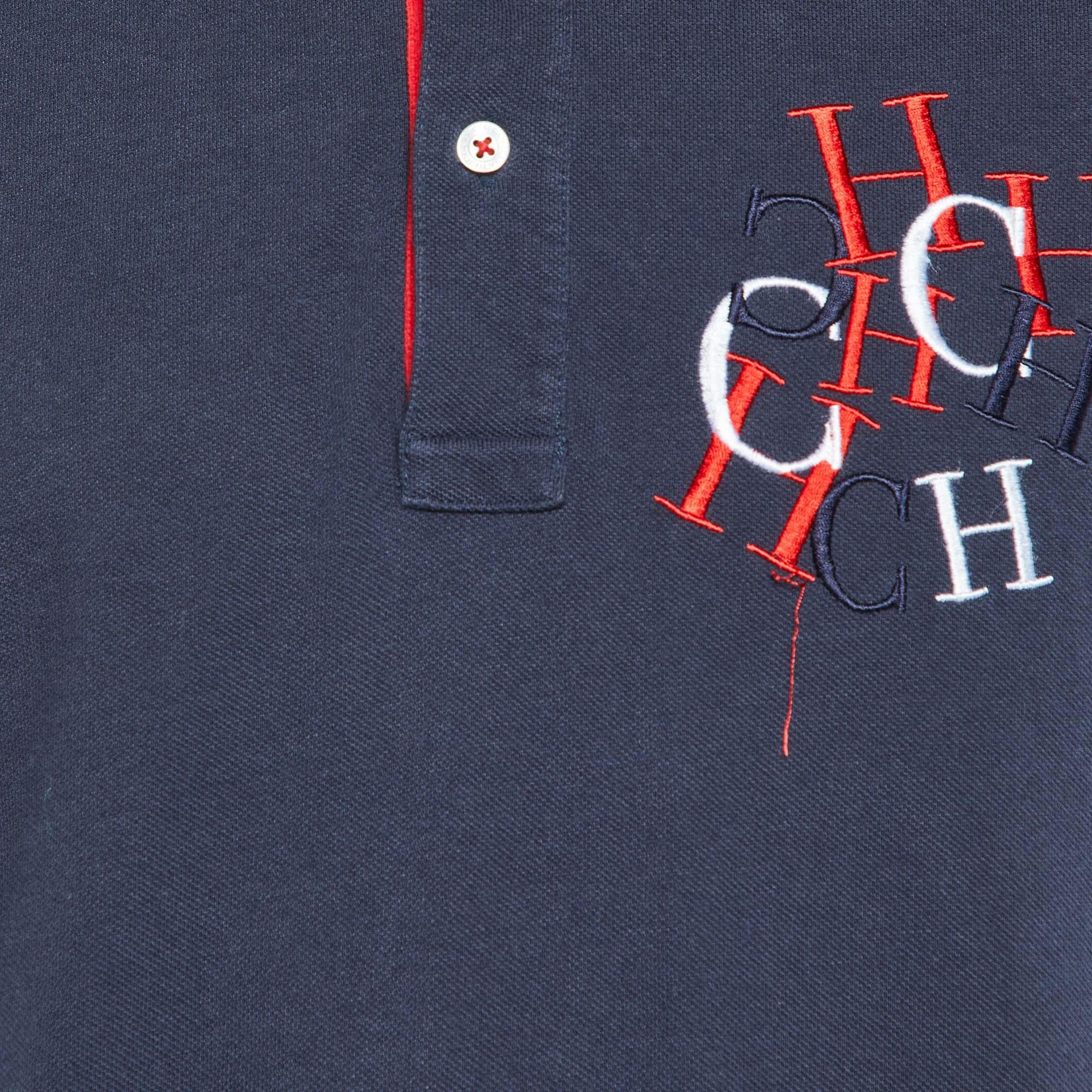 CH Carolina Herrera Maglietta Polo in cotone ricamata con logo blu marino L In condizioni buone in vendita a Dubai, Al Qouz 2