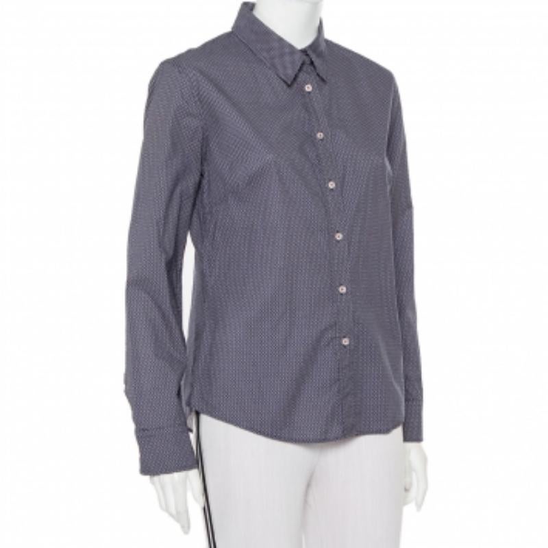 Gray CH Carolina Herrera Navy Blue Logo Printed Cotton Button Front Shirt L For Sale