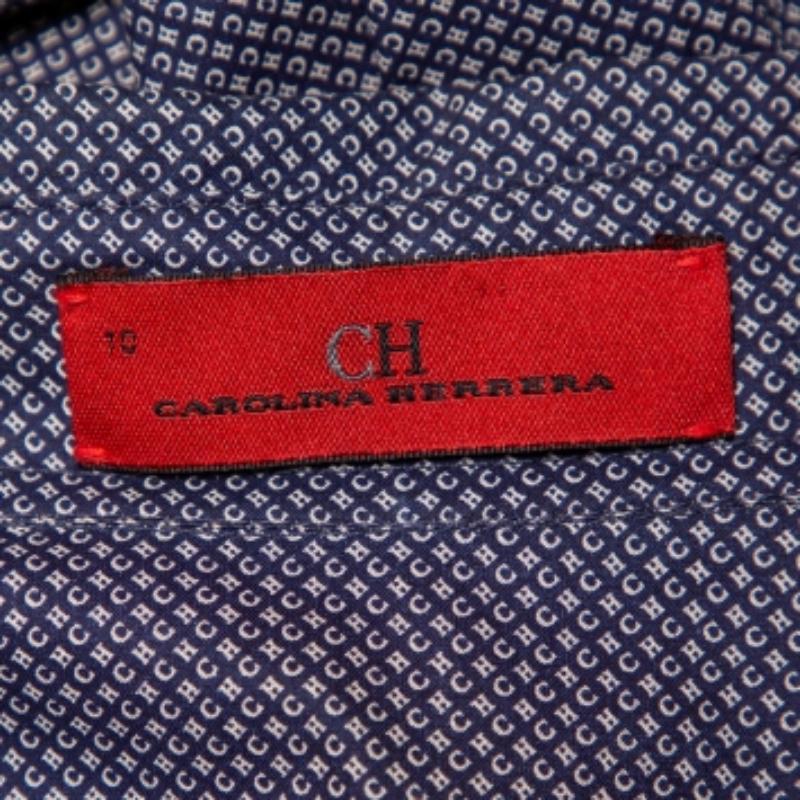 Women's CH Carolina Herrera Navy Blue Logo Printed Cotton Button Front Shirt L For Sale