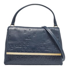 CH Carolina Herrera Navy Blue Monogram Embossed Leather Flap Top Handle Bag