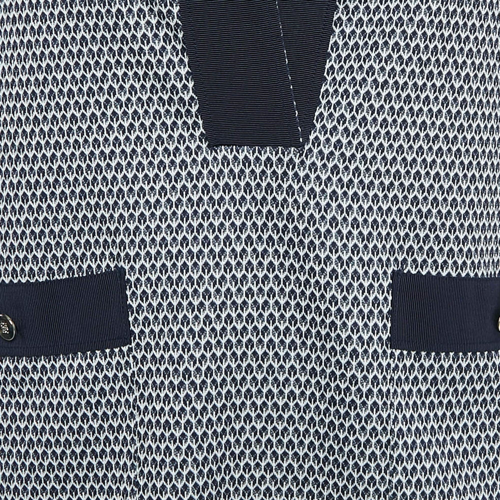 Gray CH Carolina Herrera  Navy Blue Patterned Stretch Knit Top S For Sale