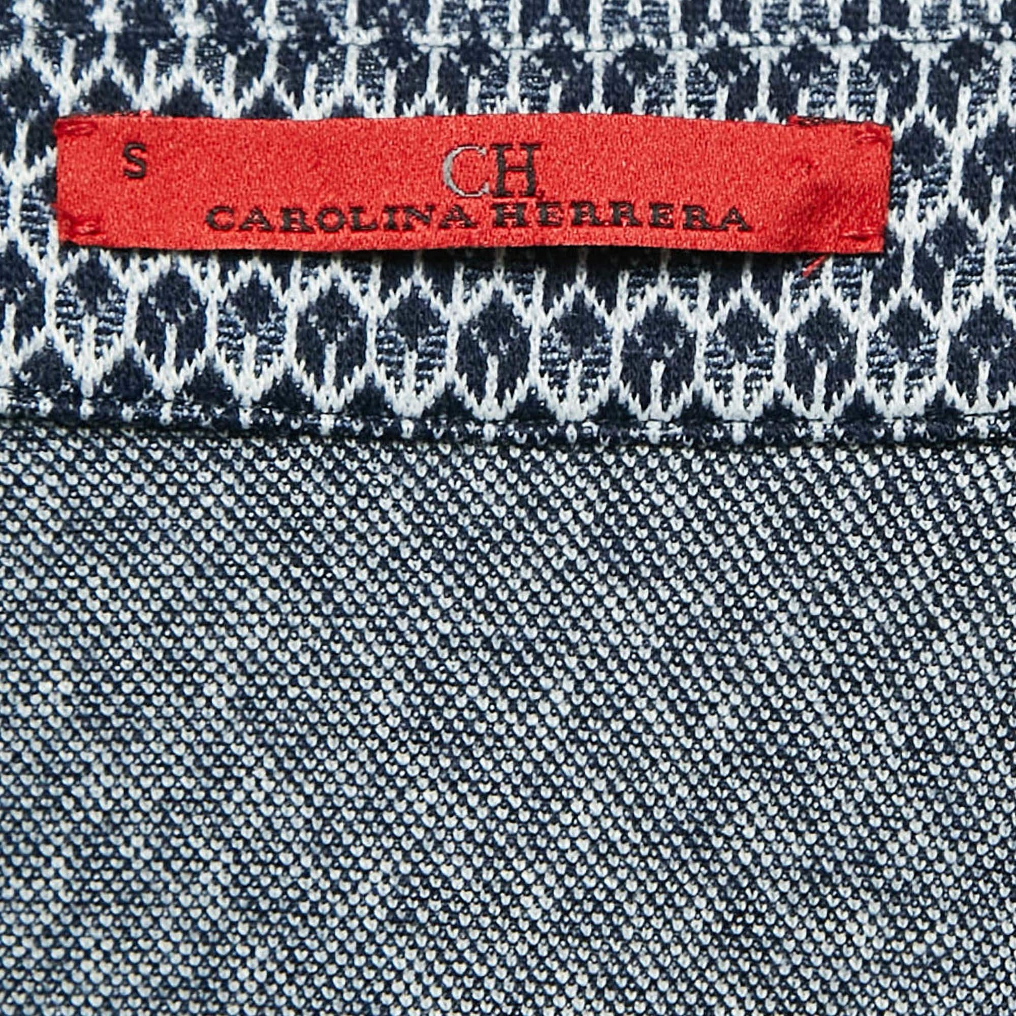 CH Carolina Herrera  Navy Blue Patterned Stretch Knit Top S In Good Condition For Sale In Dubai, Al Qouz 2