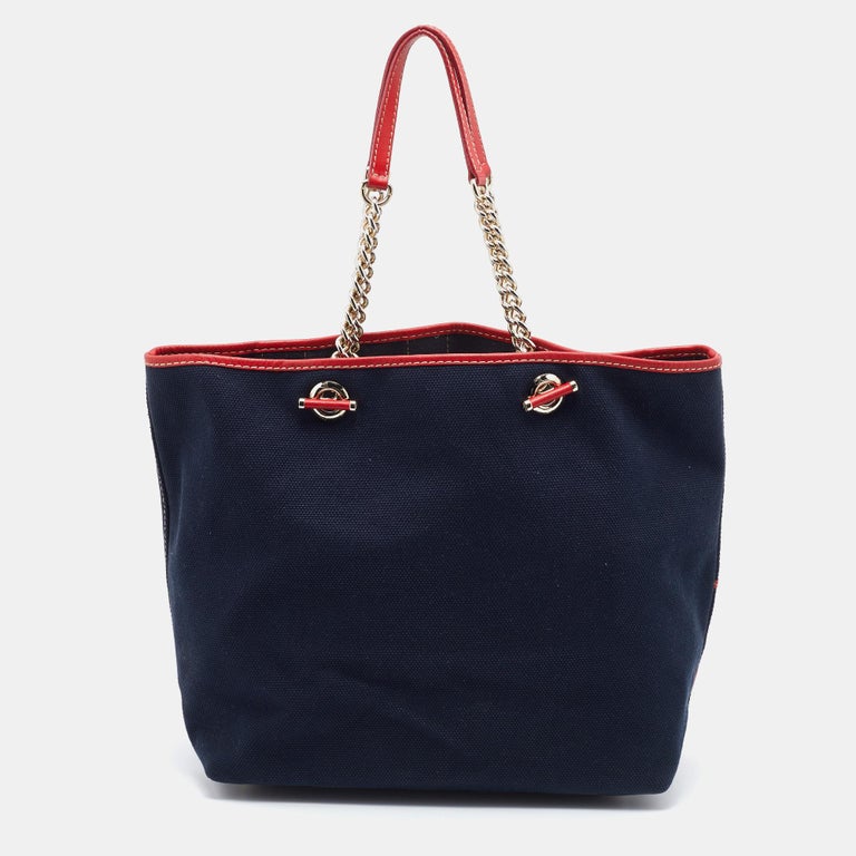 CH Carolina Herrera Navy Blue/Red Canvas and Leather Chain Tote at