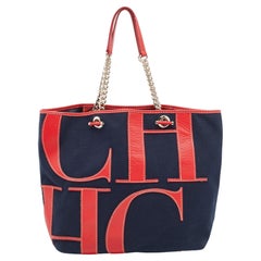 CH Carolina Herrera Navy Blue/Red Canvas and Leather Chain Tote