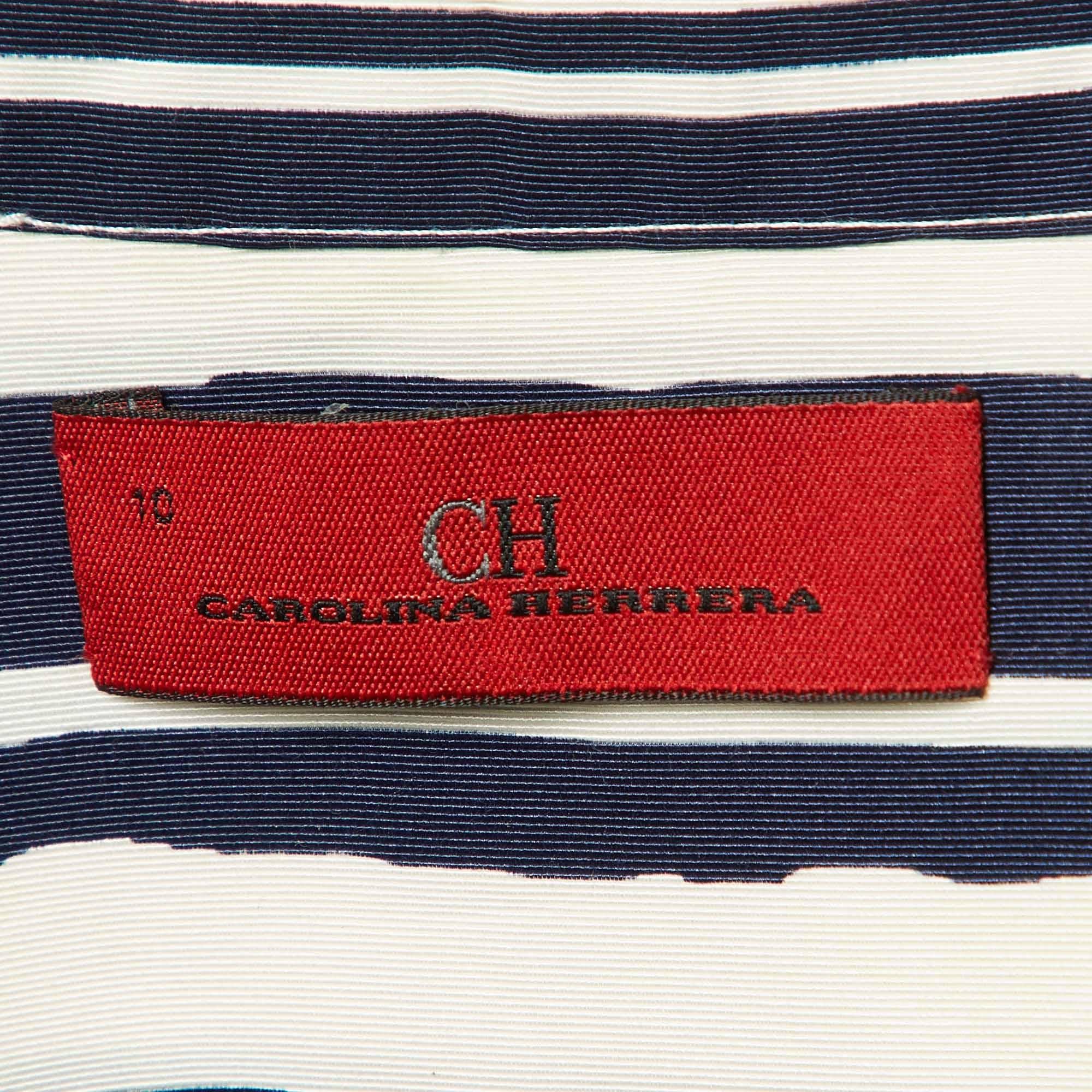Women's CH Carolina Herrera Navy Blue Striped Silk-Blend Mini Dress L