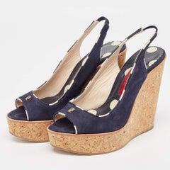 CH Carolina Herrera Navy Blue Suede Cork Wedge Slingback Sandals Size 37