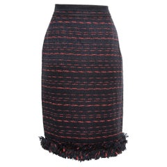 CH Carolina Herrera Marineblauer Tweed-Rock mit Reißverschluss vorne und Fransen in Knielänge M