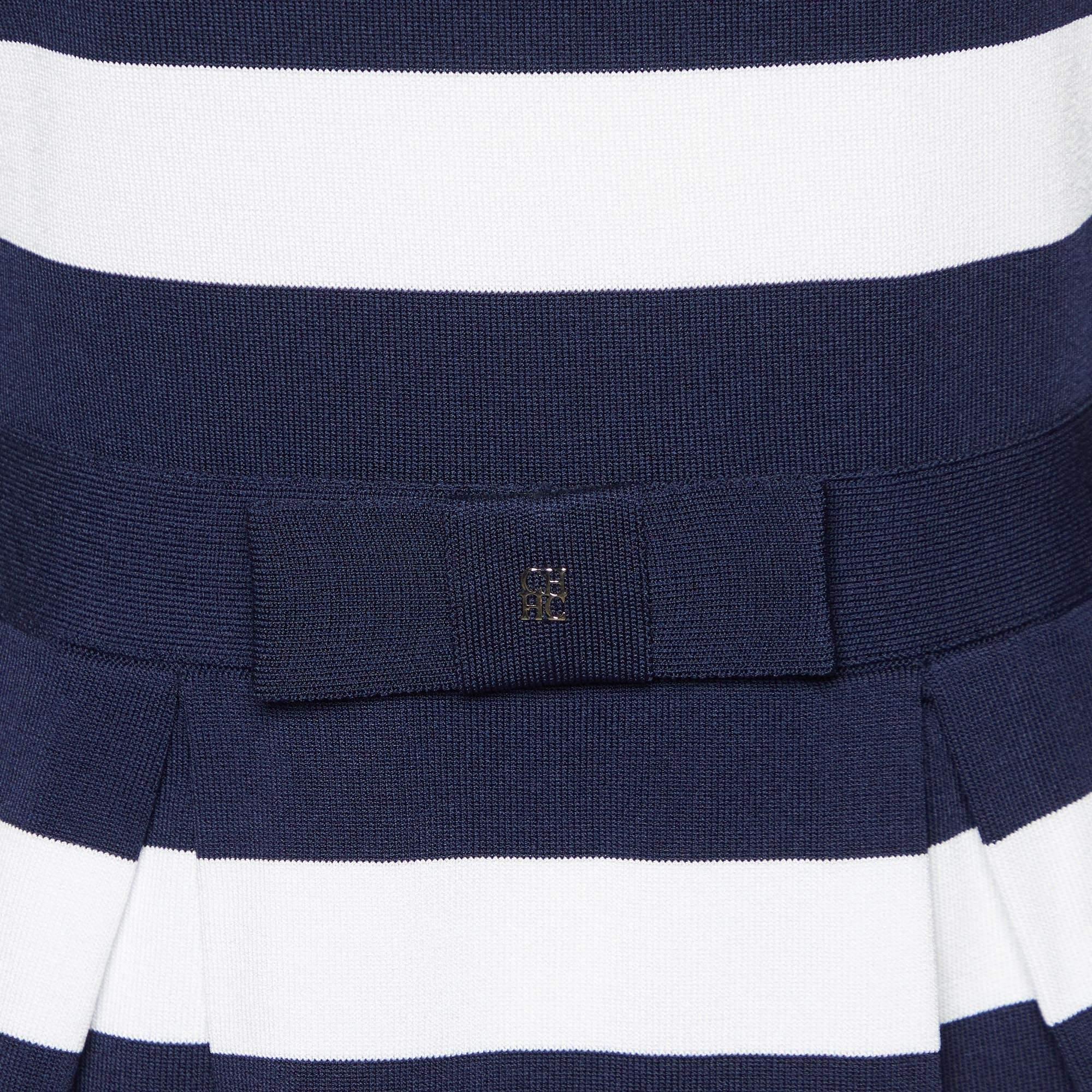 CH Carolina Herrera Navy Blue/White Striped Knit Peplum Top S 2