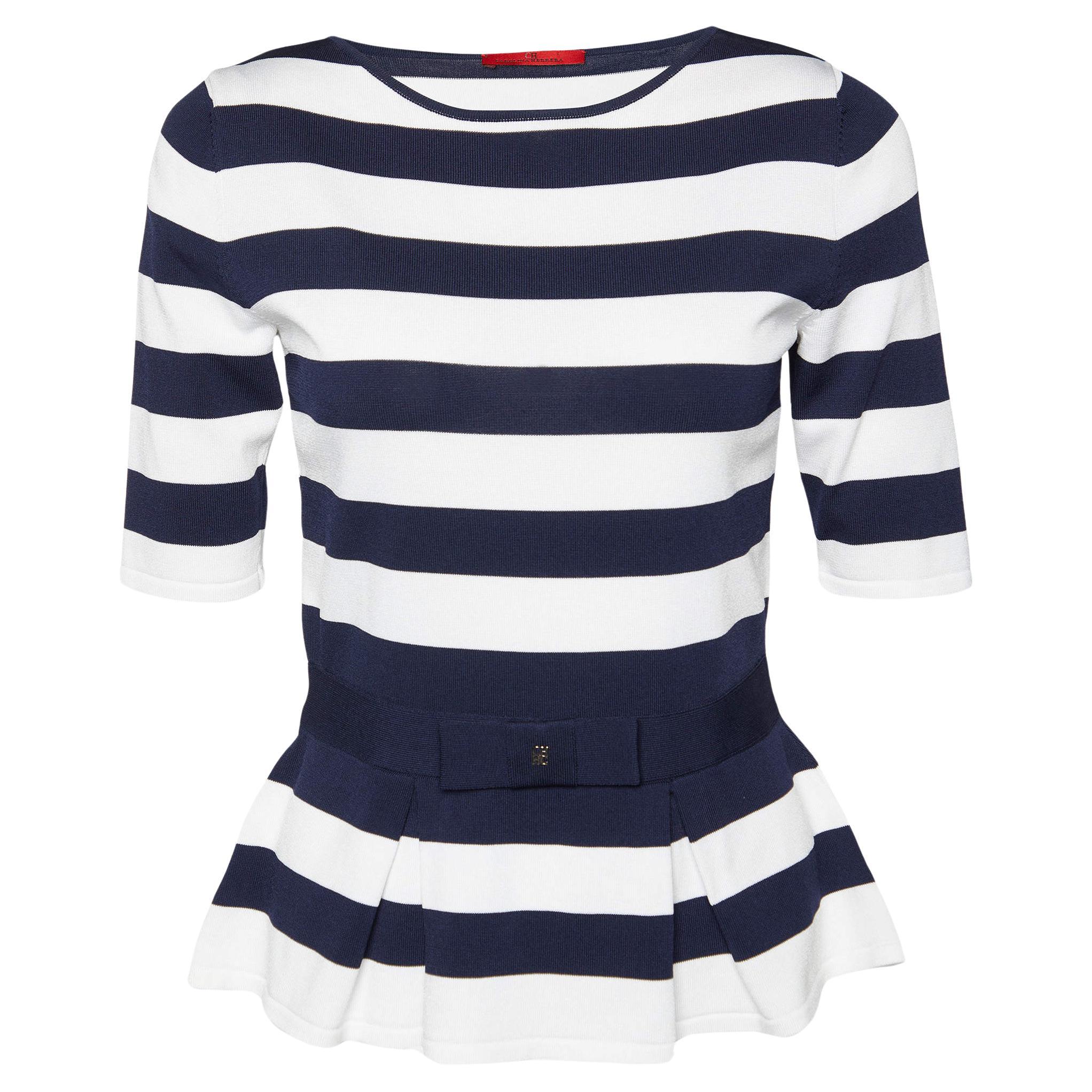CH Carolina Herrera Navy Blue/White Striped Knit Peplum Top S