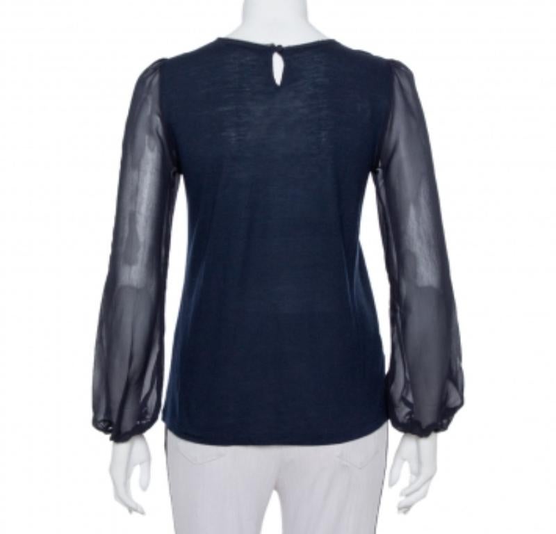 Black CH Carolina Herrera Navy Blue Wool & Silk Top XS For Sale