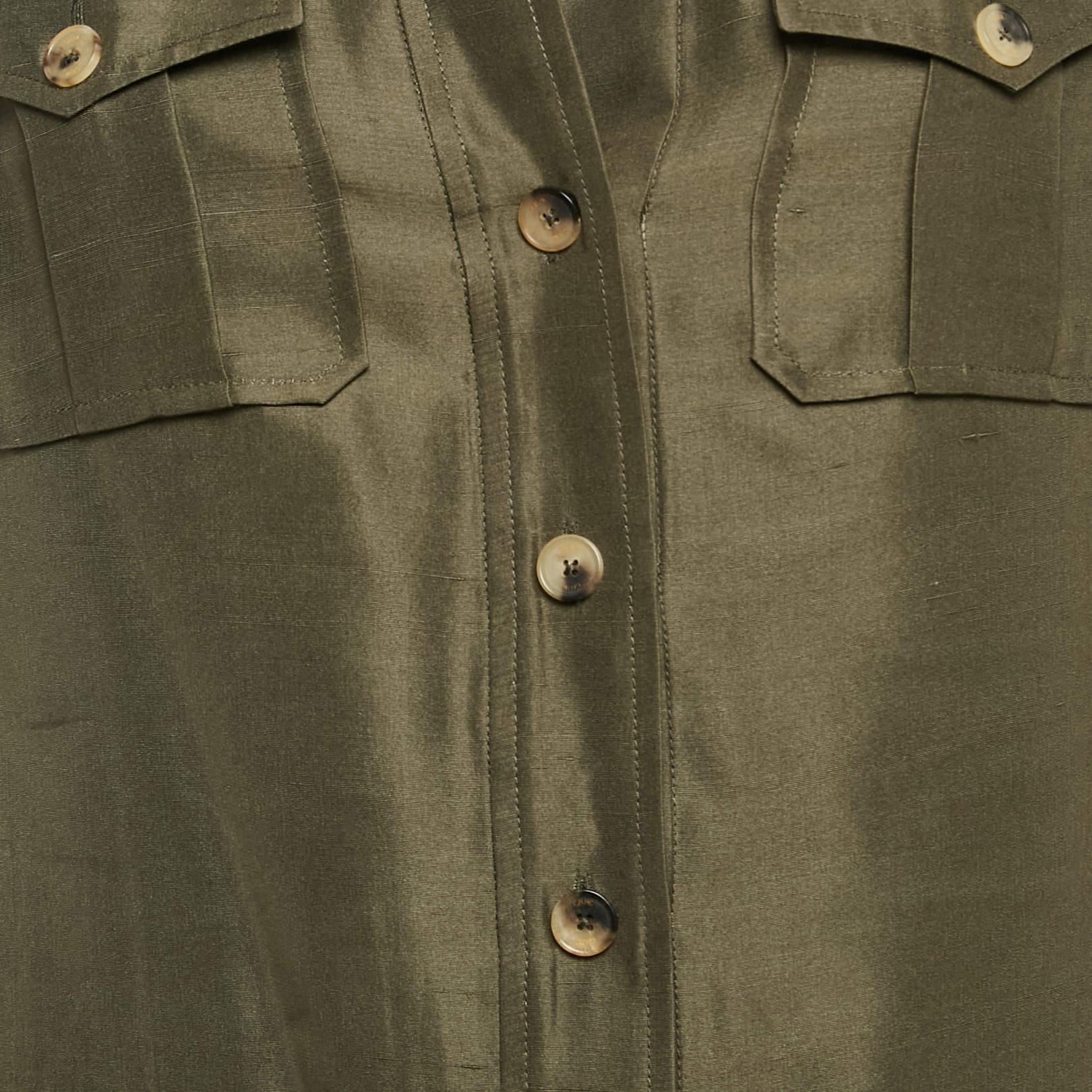 Brown CH Carolina Herrera Olive Green Silk Front Buttoned Short Dress M
