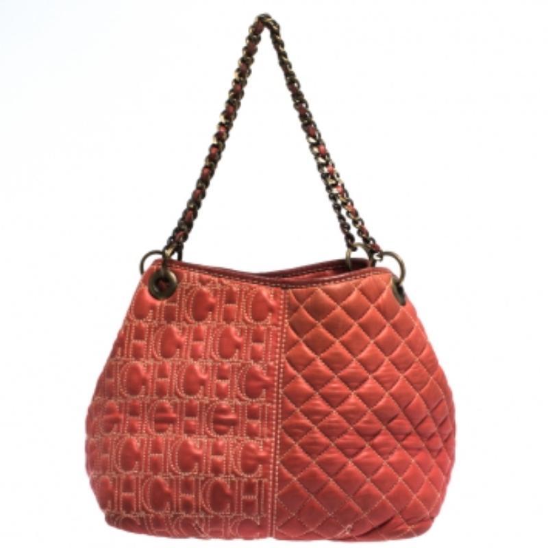 CH Carolina Herrera Tote con manico a catena in pelle arancione in vendita 5