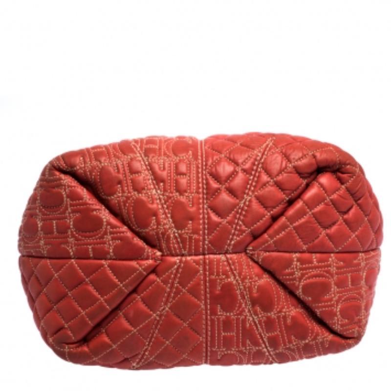 CH Carolina Herrera Tote con manico a catena in pelle arancione in vendita 4