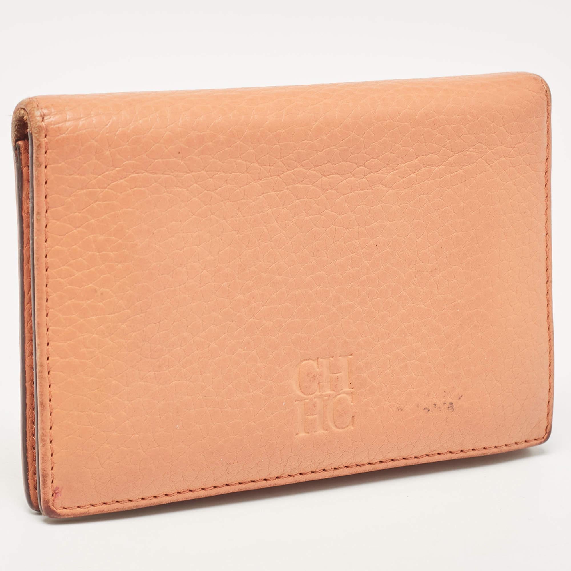 CH Carolina Herrera Peach Leather Compact Flap Wallet For Sale 3
