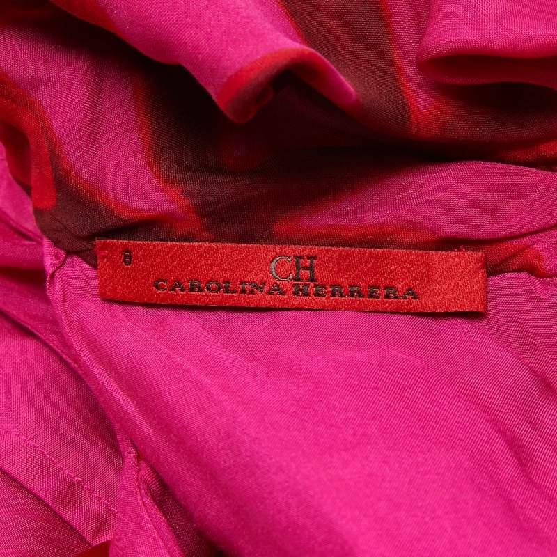 CH Carolina Herrera Pink Floral Print Silk Waist Tie-Up Midi Dress M In Excellent Condition For Sale In Dubai, Al Qouz 2