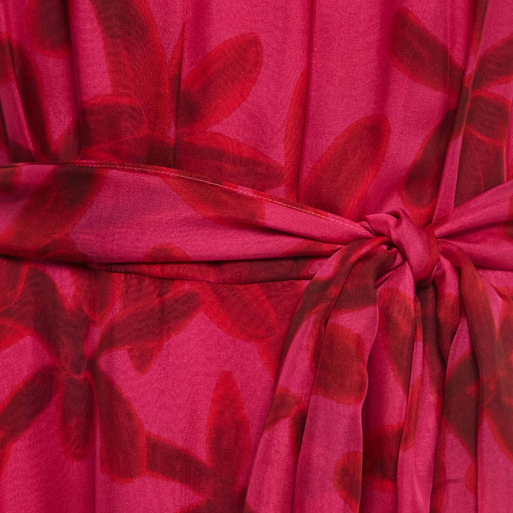 Women's CH Carolina Herrera Pink Floral Print Silk Waist Tie-Up Midi Dress M For Sale