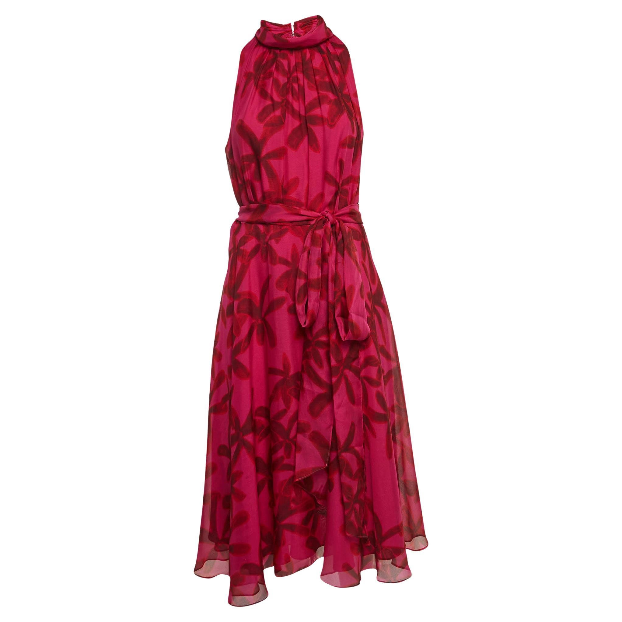 CH Carolina Herrera Pink Floral Print Silk Waist Tie-Up Midi Dress M For Sale