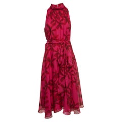 CH Carolina Herrera Pink Floral Print Silk Waist Tie-Up Midi Dress M