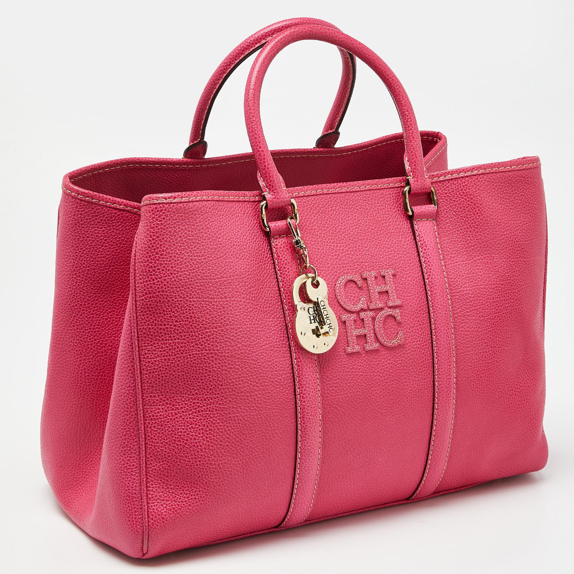 CH Carolina Herrera Pink Grained Leather Matteo Tote For Sale 1