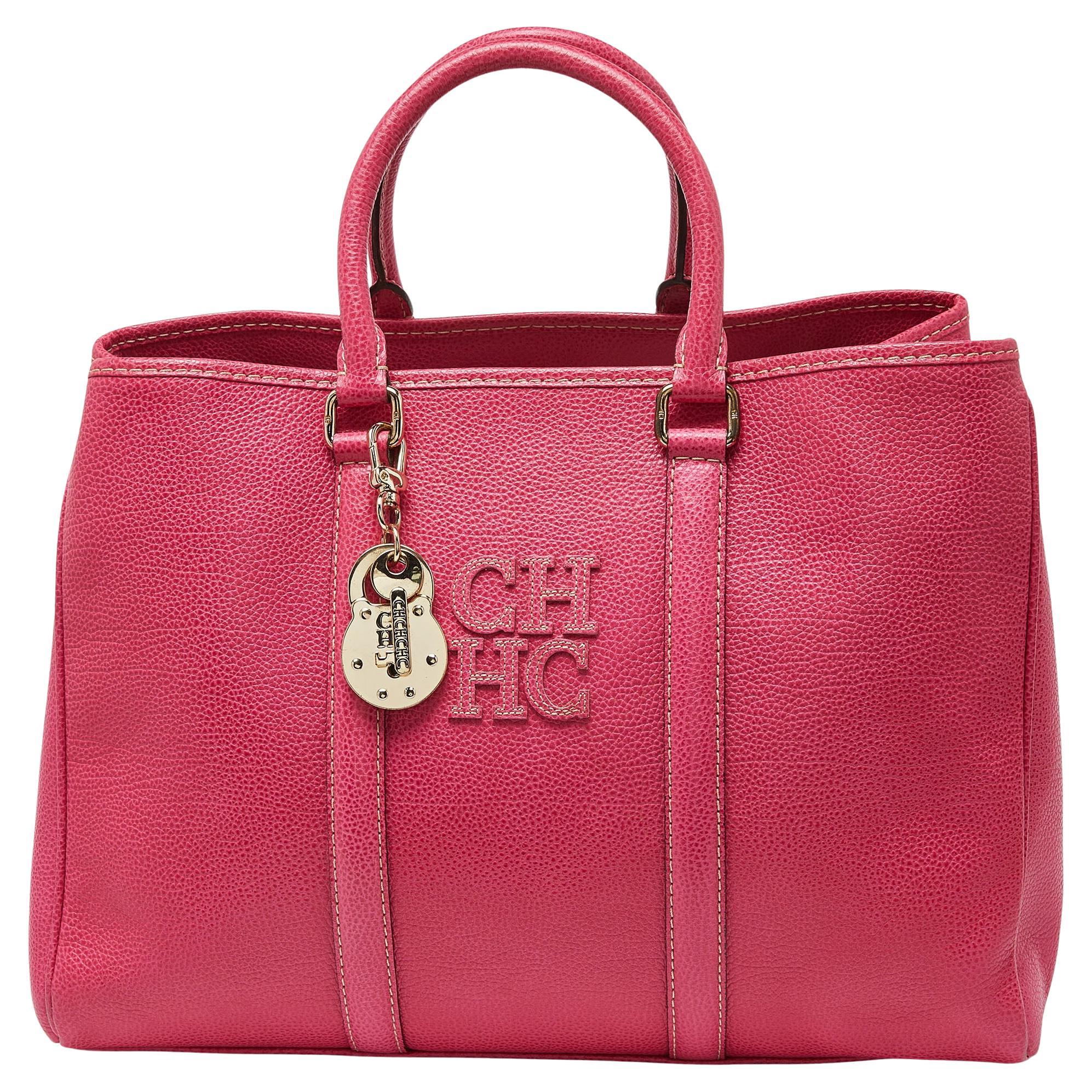 CH Carolina Herrera Pink Grained Leather Matteo Tote For Sale