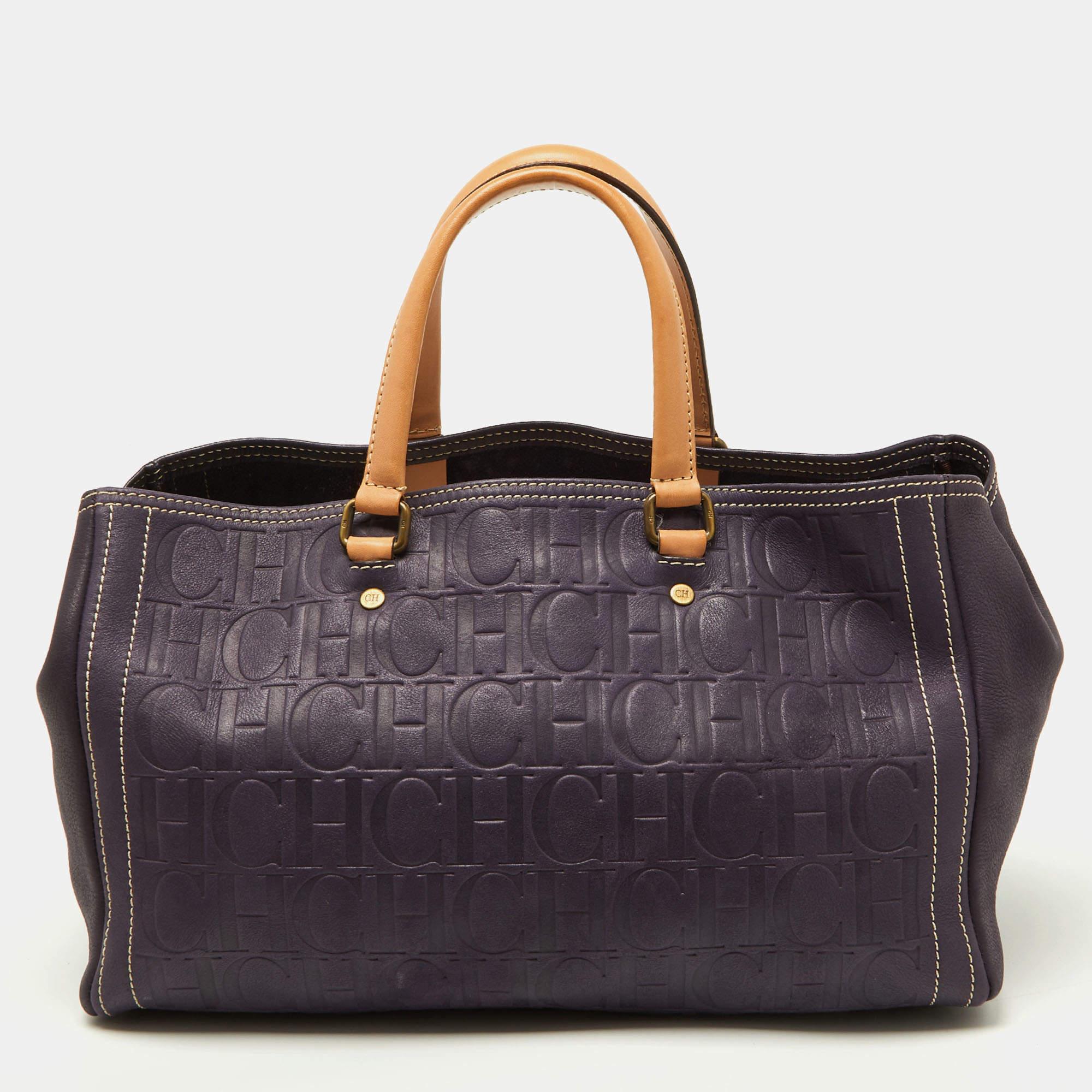 CH Carolina Herrera Purple/Beige Monogram Leather Andy Shopper Tote For Sale 8