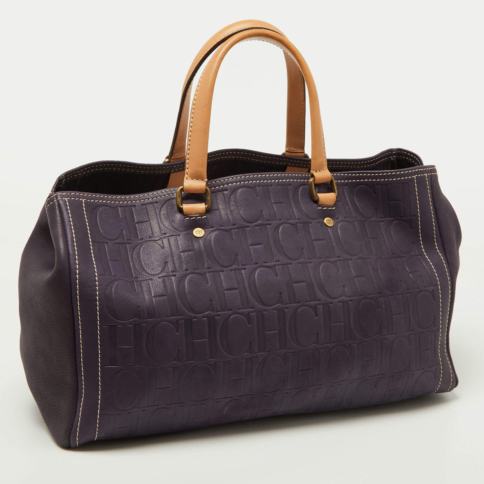 Women's CH Carolina Herrera Purple/Beige Monogram Leather Andy Shopper Tote For Sale